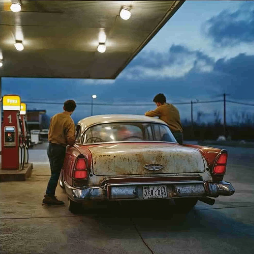 Uomini spingono una vecchia auto a una stazione di servizio | Fonte: Midjourney