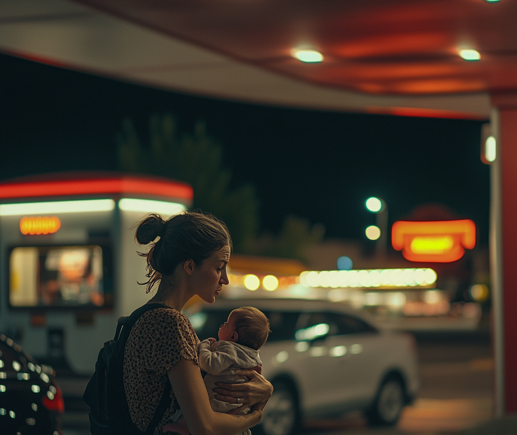 Donna frustrata che tiene il suo bambino | Fonte: Midjourney