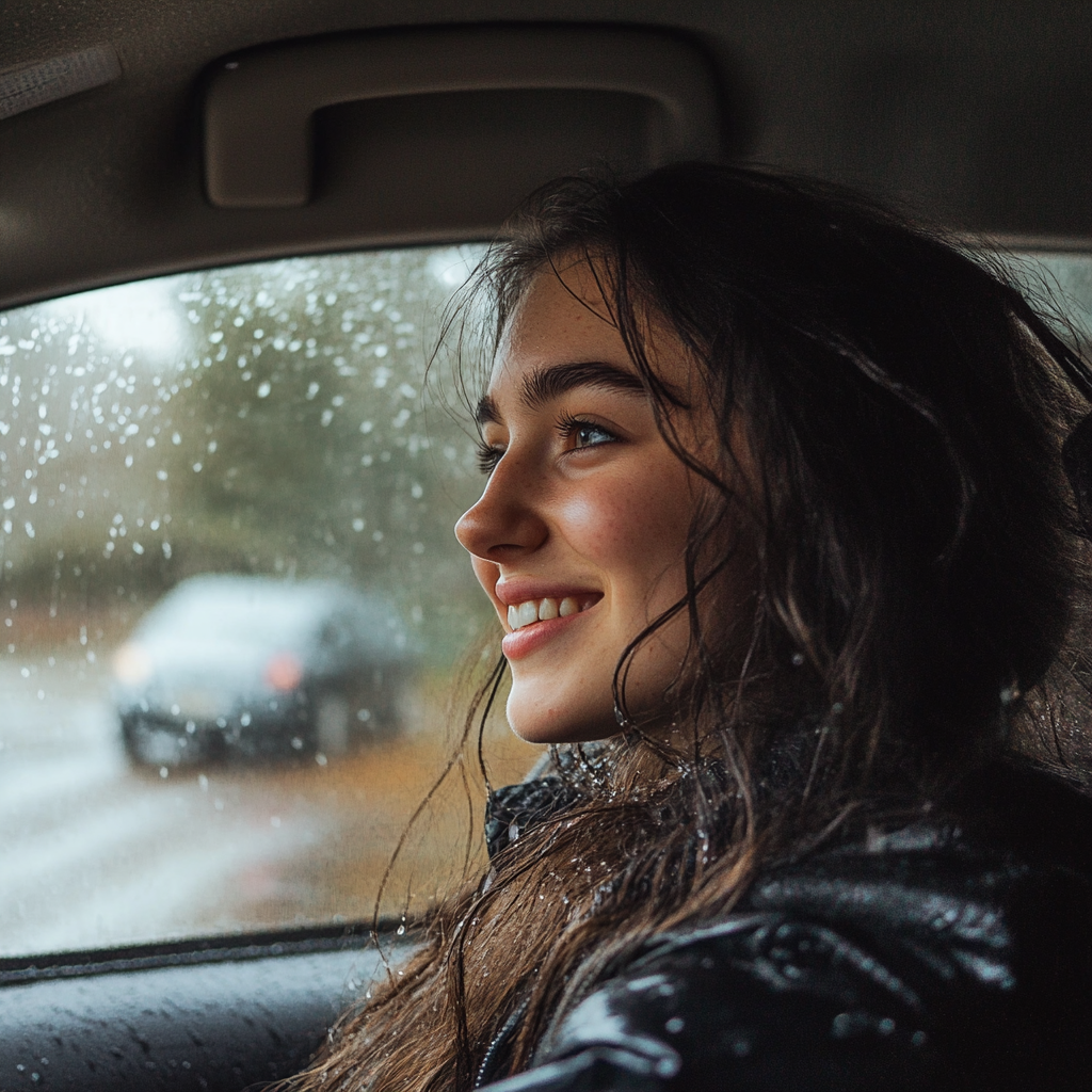 Donna felice che guida la sua auto | Fonte: Midjourney